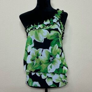 Sele top women medium chiffon one shoulder smock waist tank floral green